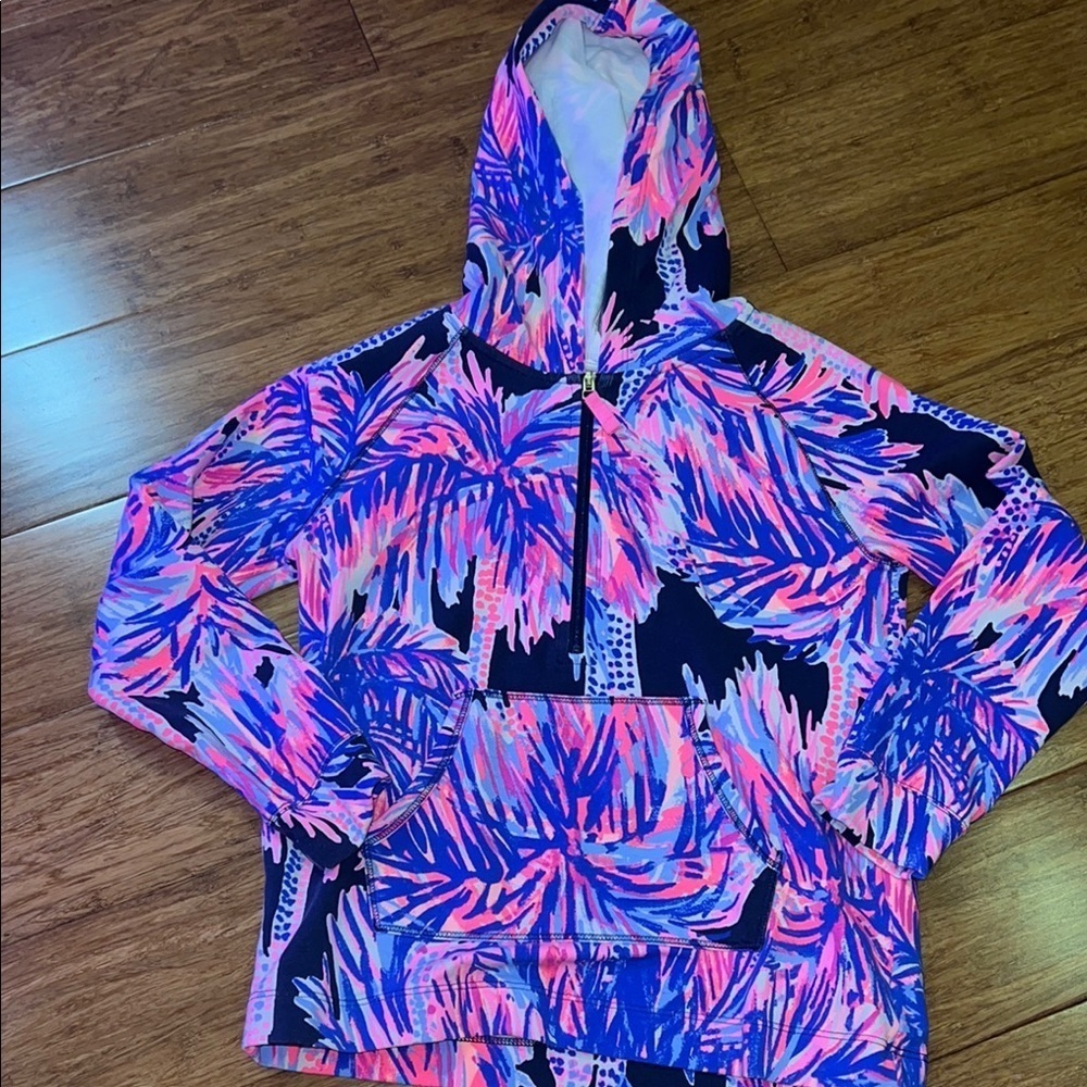 Lilly Pulitzer girls hooded skipper popover in bright navy palms up large NWOT